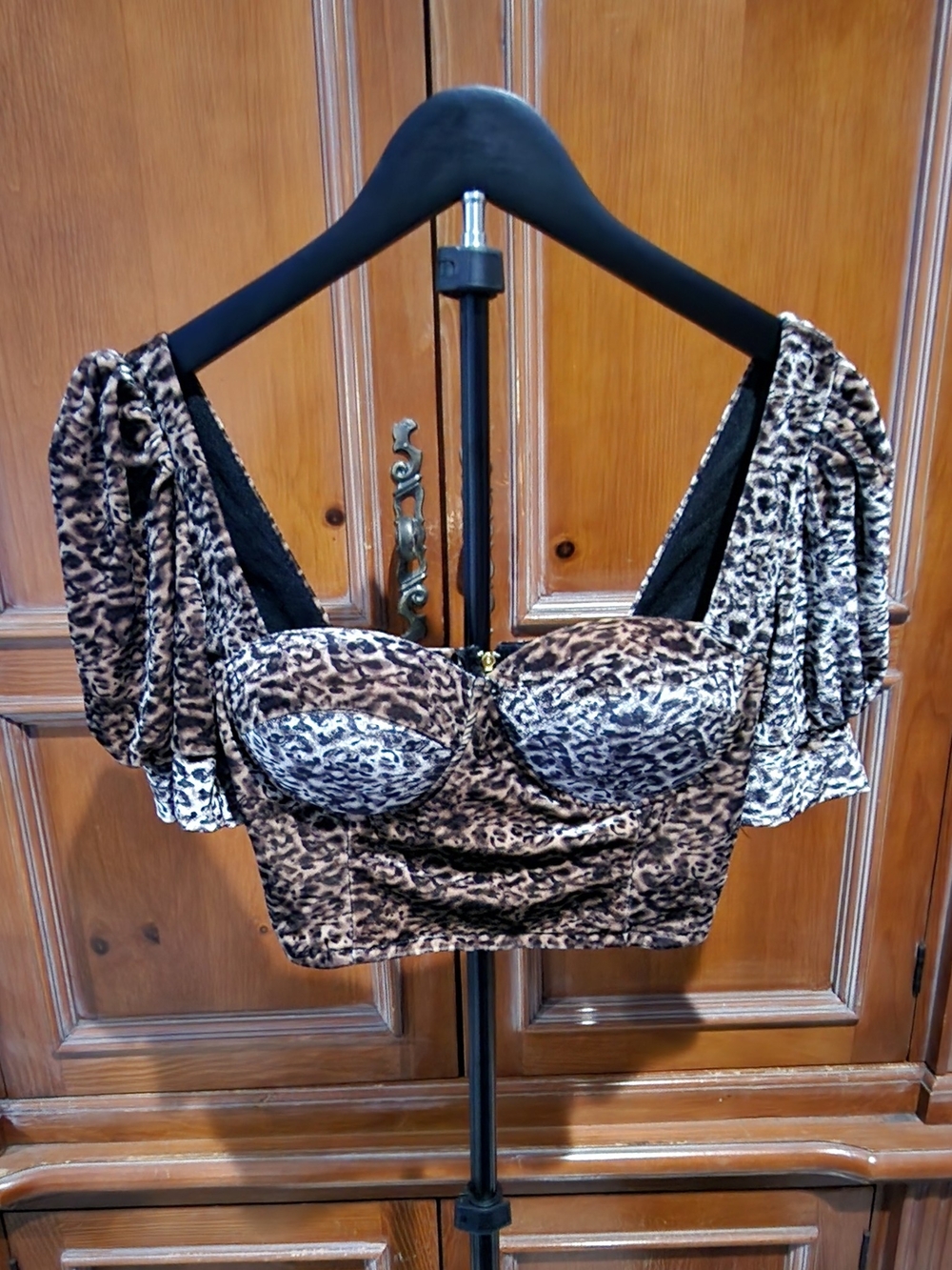 Leopard Print Puff Sleeve Crop Top - Brown